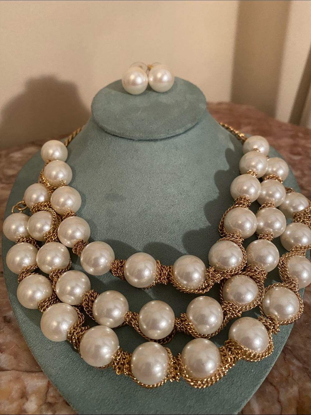 Chunky Faux Pearl Gold Tone Multi Strand Statement Necklace & Earring Set